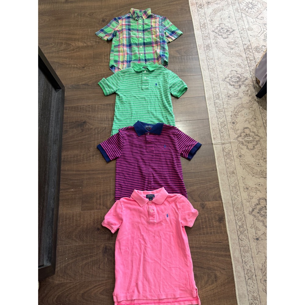 Polo Ralph Lauren Boys Short Sleeve Shirt Bundle Plaid Striped Pink Green Size 8